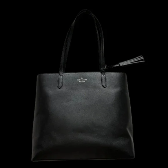 $298 Kate Spade Women's Medium Black & Gold Logo Leather Tote Bag & Bow Key Fob - Picture 4 of 16